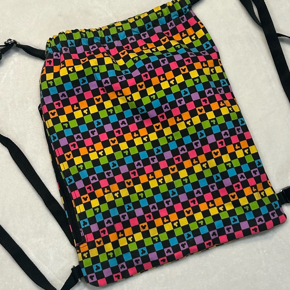 Disney Parks Mickey drawstring backpack rainbow & black checkered day bag